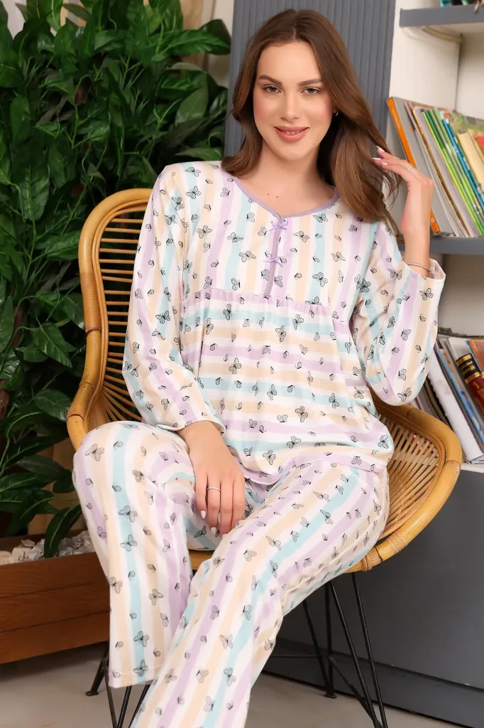 Striped Butterfly Long-Sleeve Cotton Pajamas