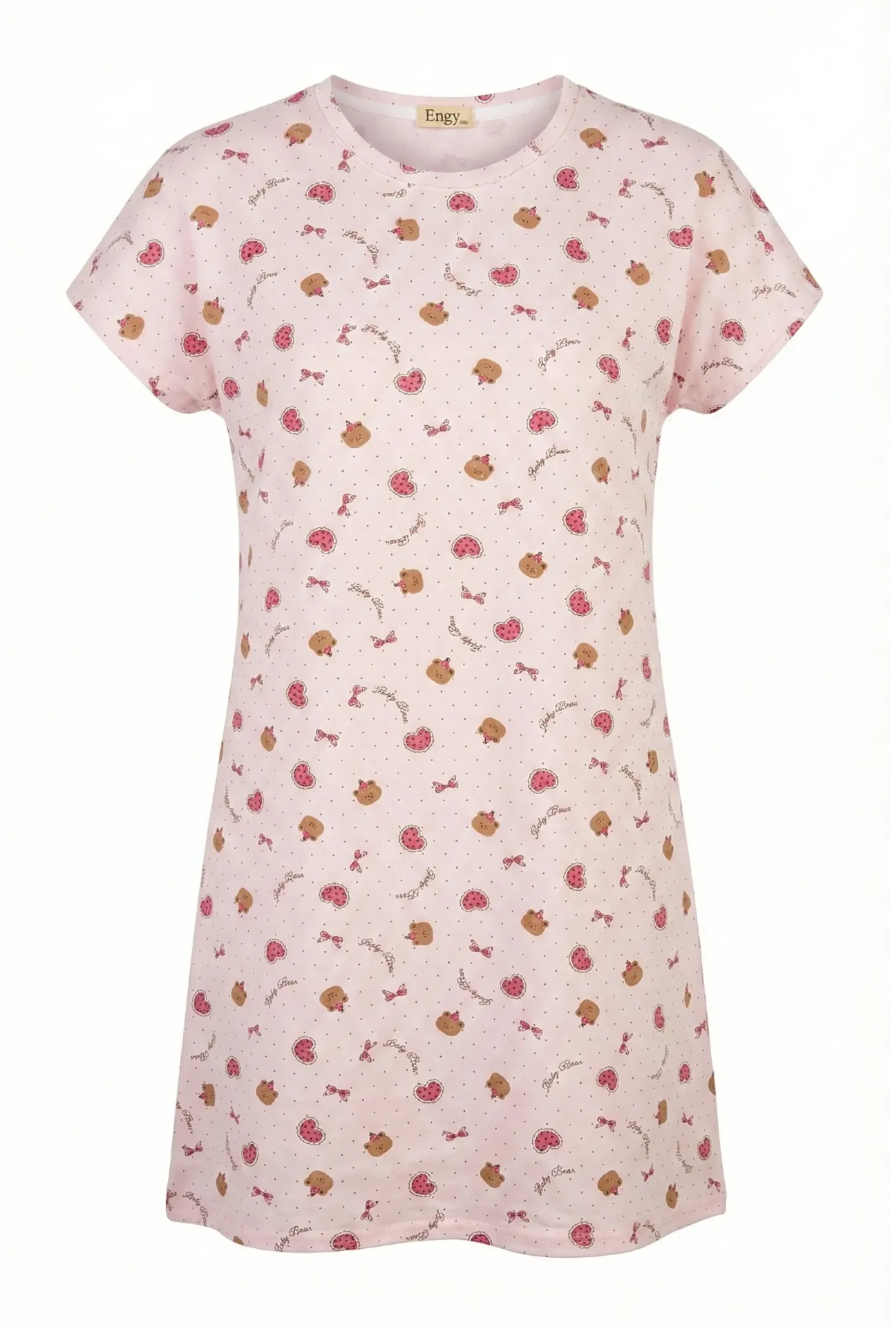 [E0457-01] Cotton Teddy Print Nightshirt (روز, M)