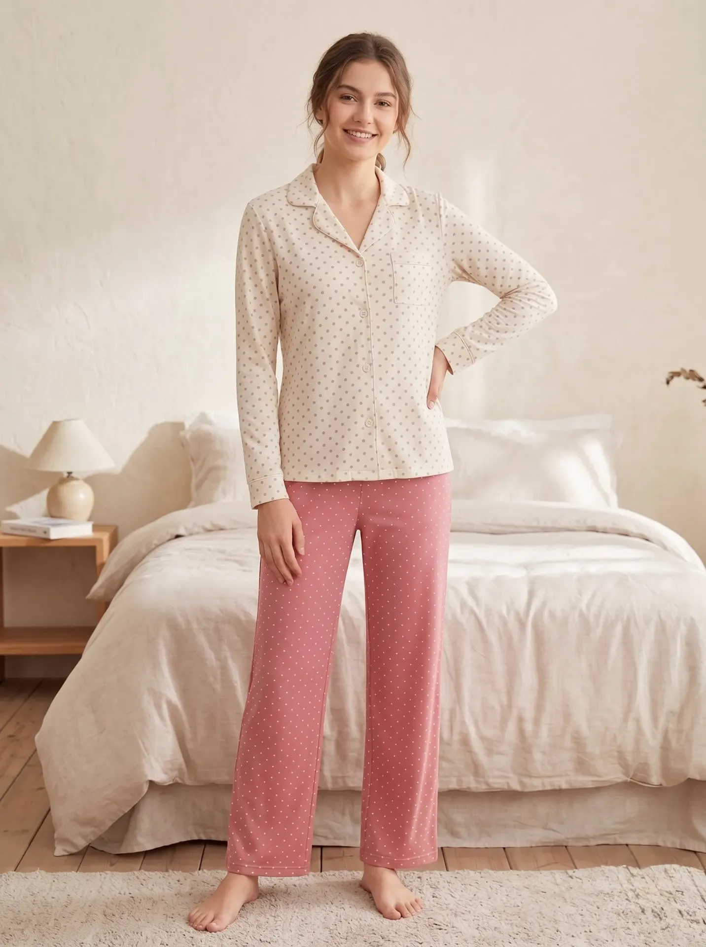 [E4587-01] بيجامة كلاسيك قطن - منقطة (كشمير, M)