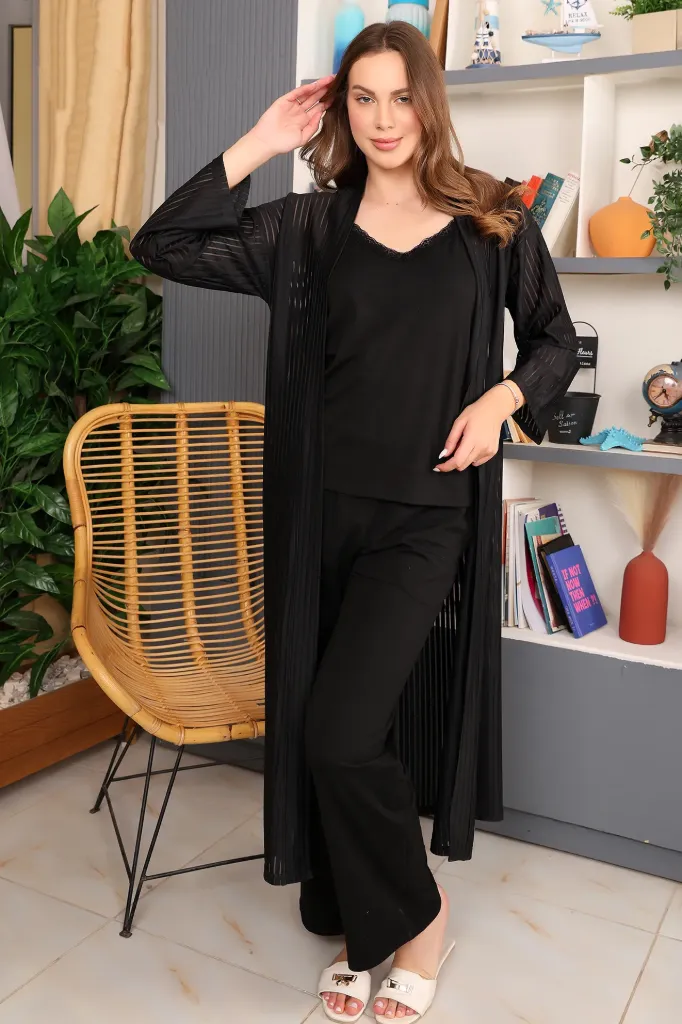 [E4614-01] Cotton Pajama Set with Striped Robe (اسود, M)