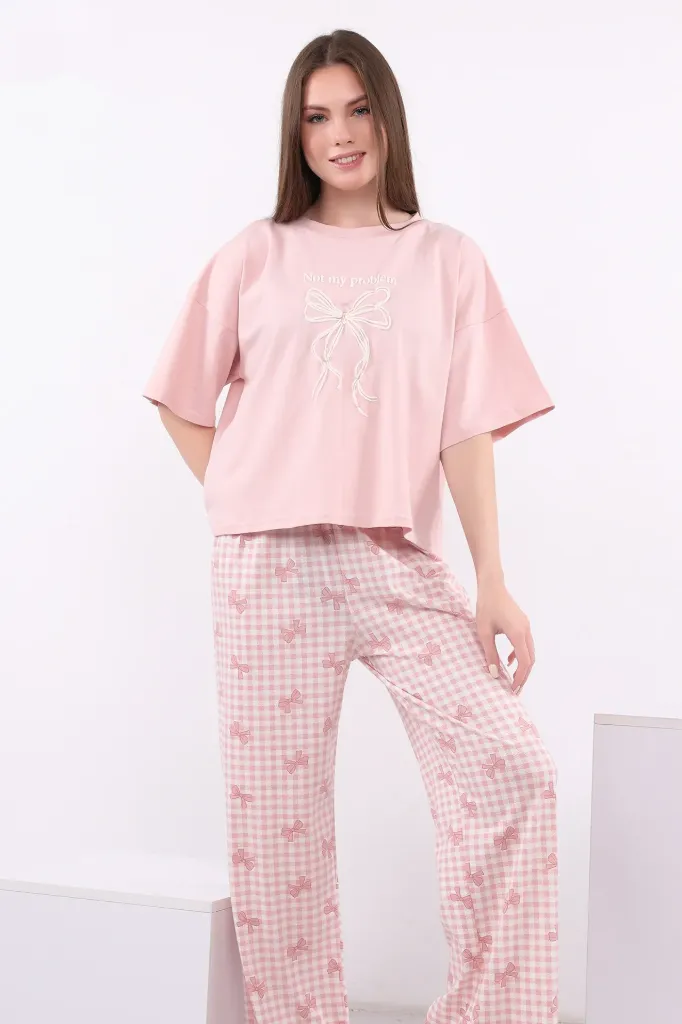 [E4628-01] بيجامة قطن أوفر سايز كاروه فيونكات (كشمير, M)