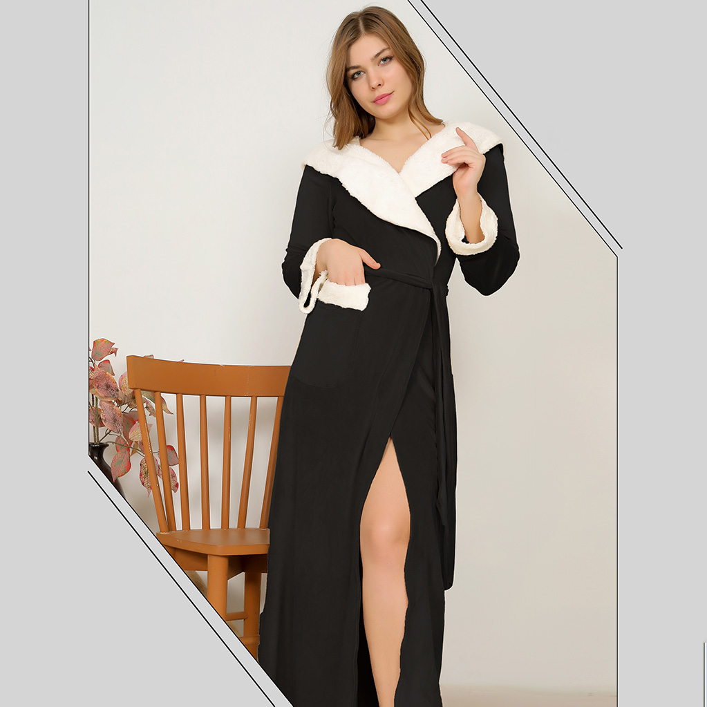 E5125 Velvet Robe - Faux Fur Trim Hooded 