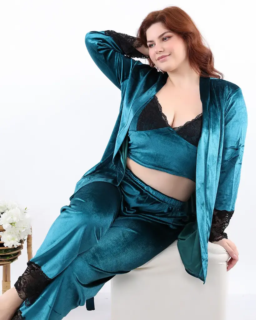 E4498 3-Piece Velvet Lounge Set - Black Lace