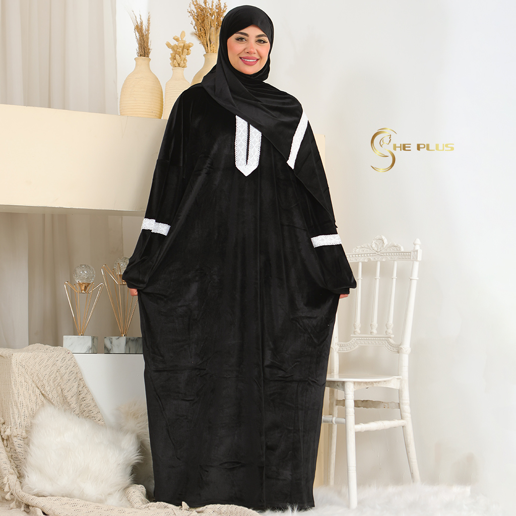 E6003 Free Size Eyelet Embroidered Velvet Isdal (اسود)