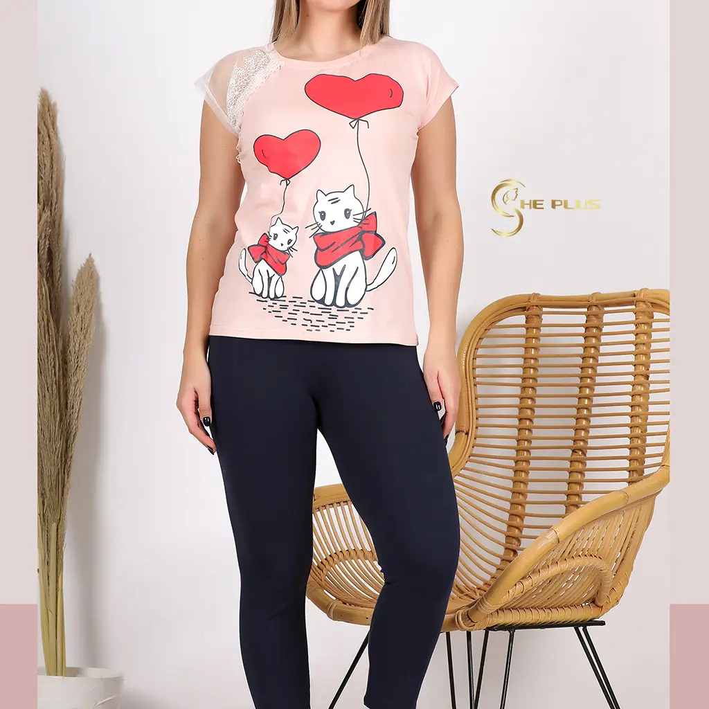E4418 بيجامة بنطلون قطن Two Hearts Cats (سيمون, M)