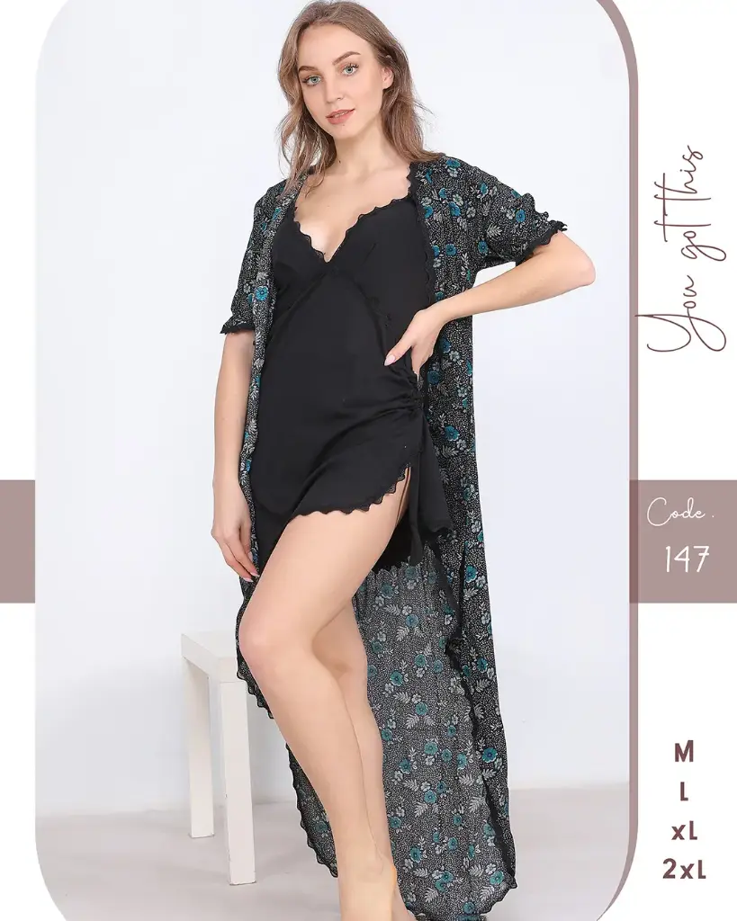 E0147 Cotton night shirt & Robe (اسود, M)