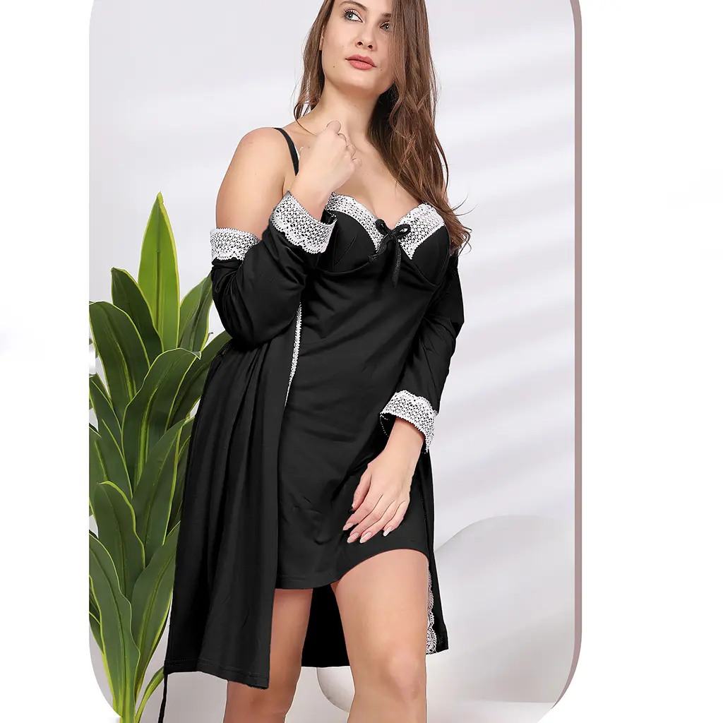 E0150 Cotton night shirt and robe  (اسود, M)