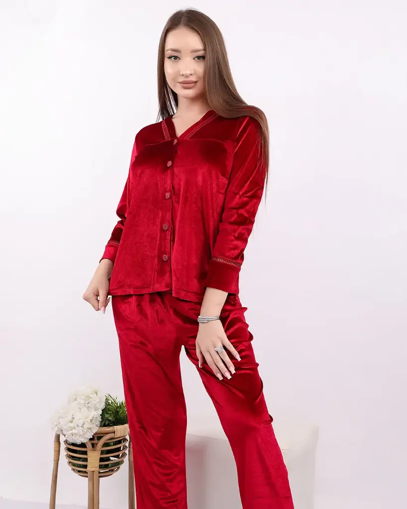 E4507 Classic Velvet Pajamas - Lace Trim