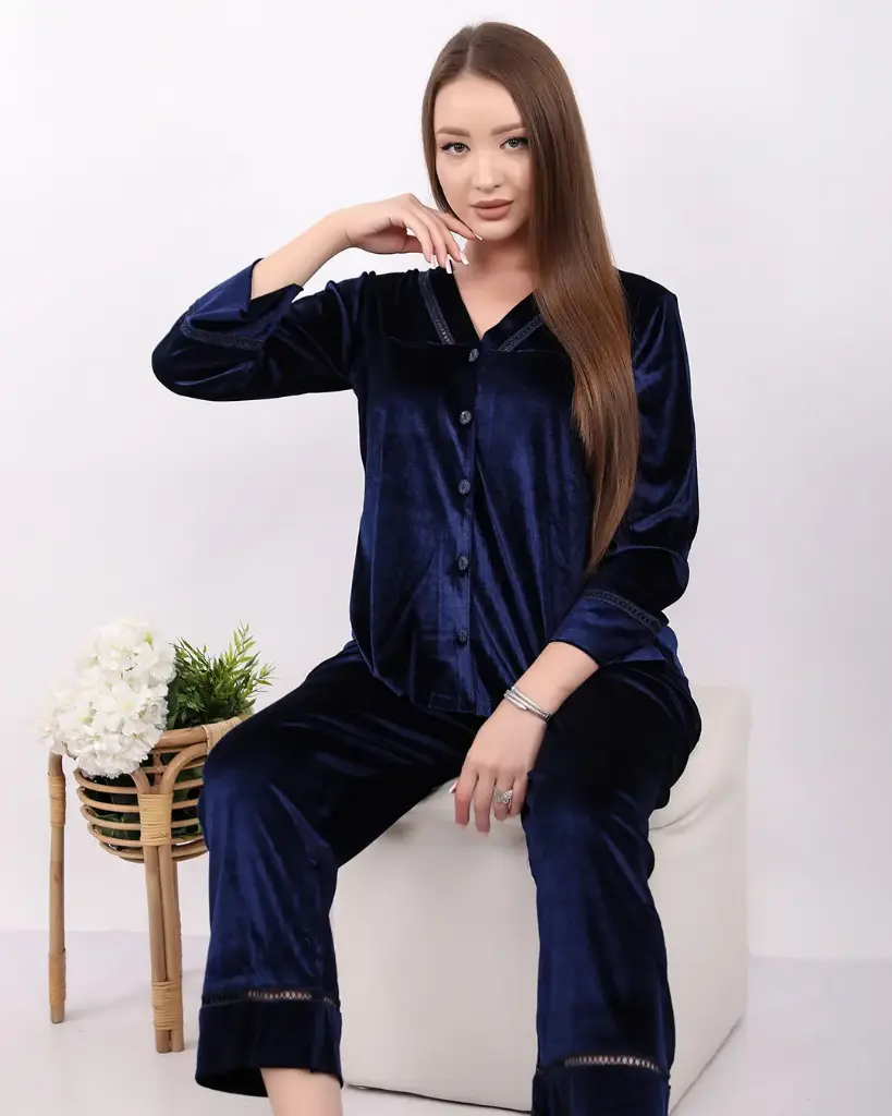E4507 Classic Velvet Pajamas - Lace Trim