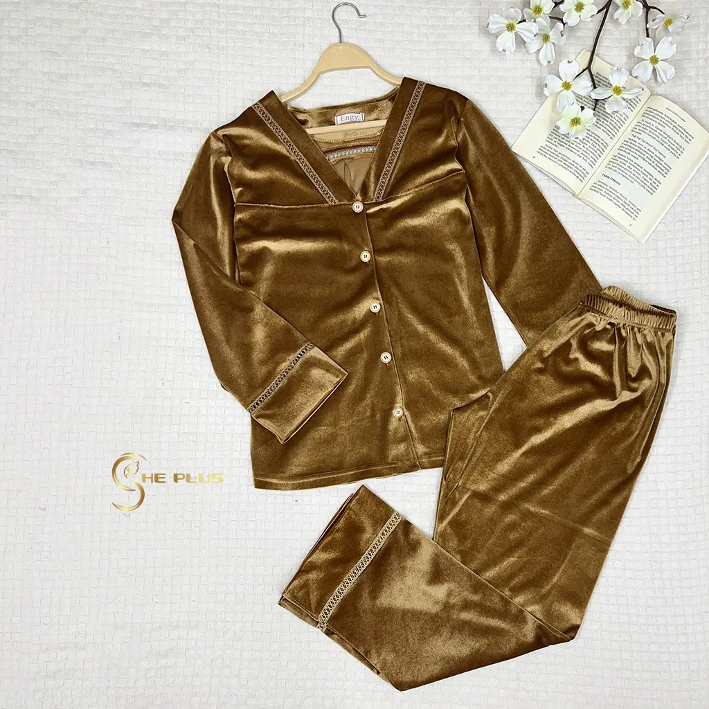 E4507 Classic Velvet Pajamas - Lace Trim