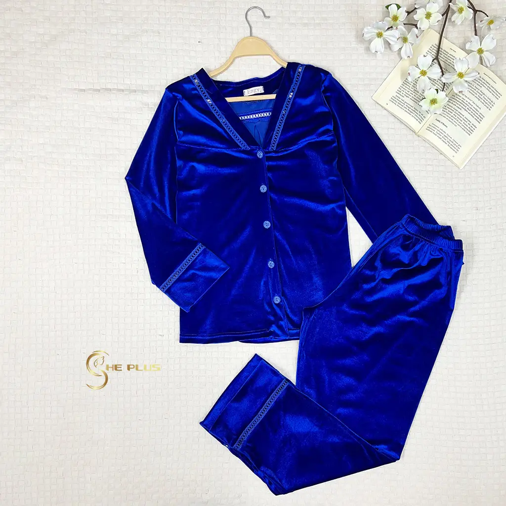 E4507 Classic Velvet Pajamas - Lace Trim