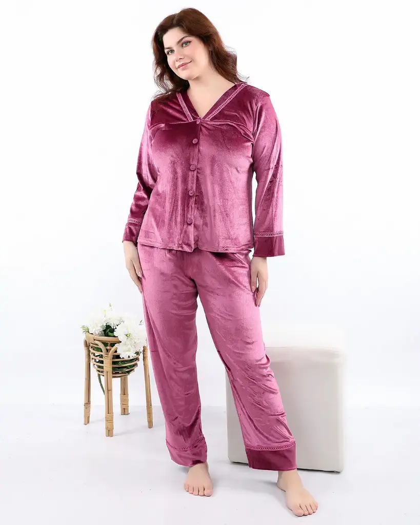 E4507 Classic Velvet Pajamas - Lace Trim