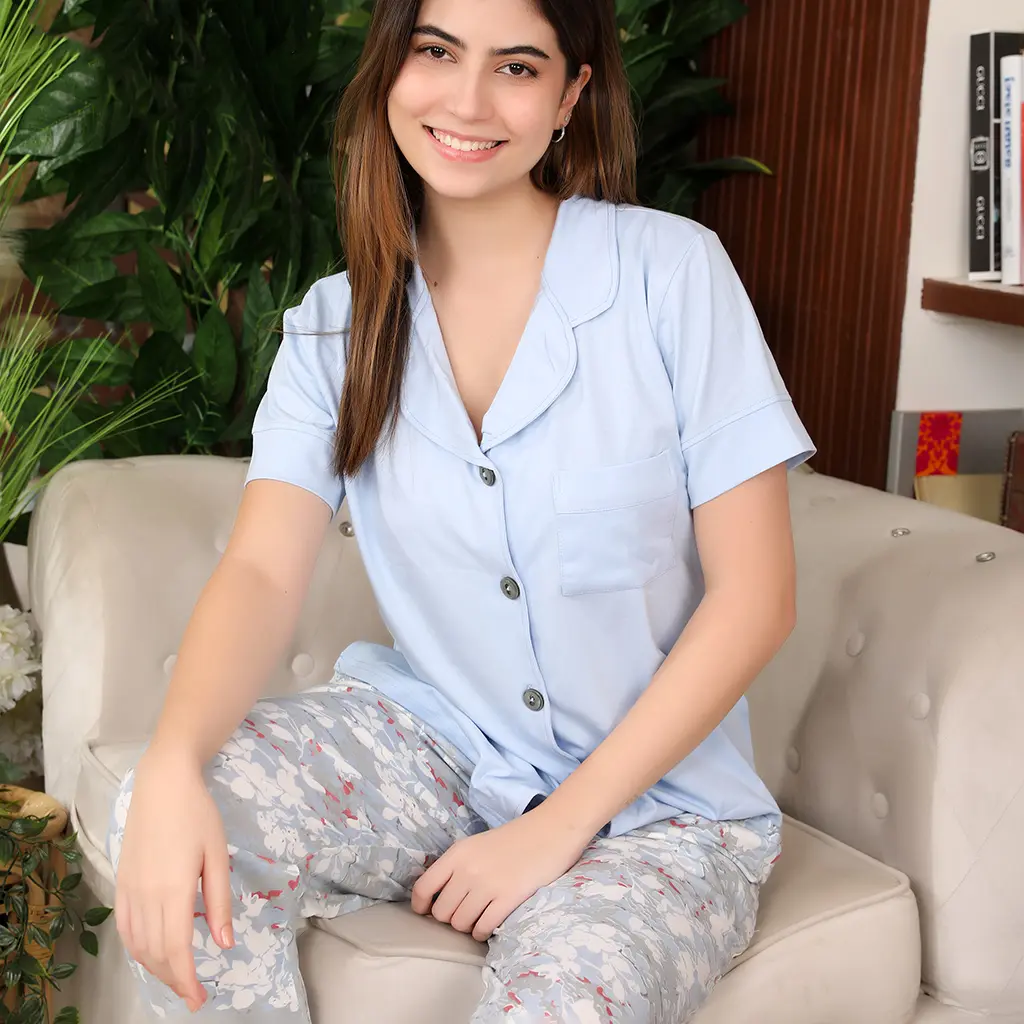 E4514 Classic Cotton Pajama Plain & Floral (M, لبني)