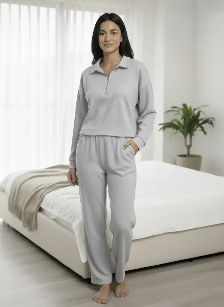 E4524 Jacquard Pajamas - Zip Collar (M, رمادي)