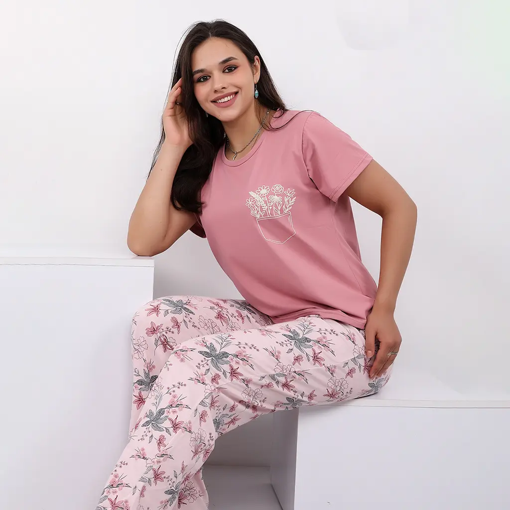E4527 بيجامة قطن Printed Pocket (M, كشمير)