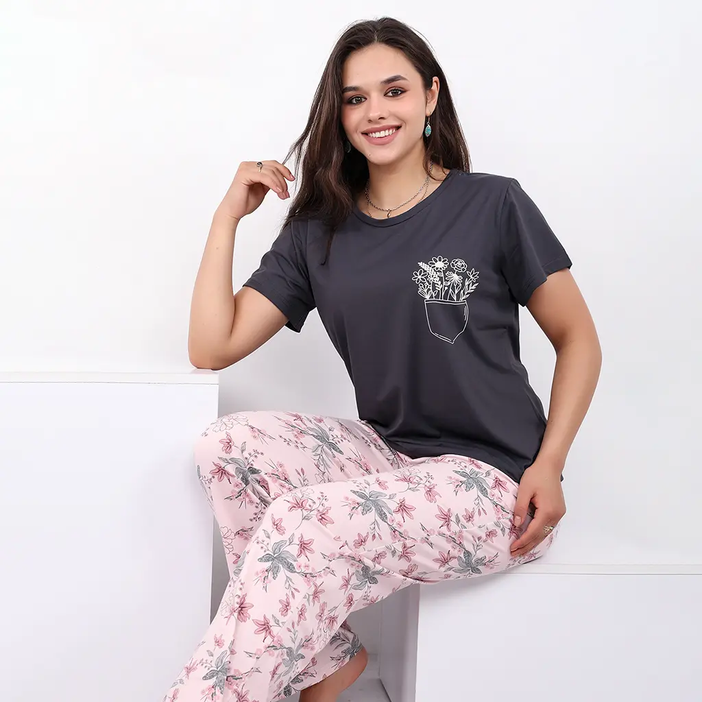 E4527 بيجامة قطن Printed Pocket