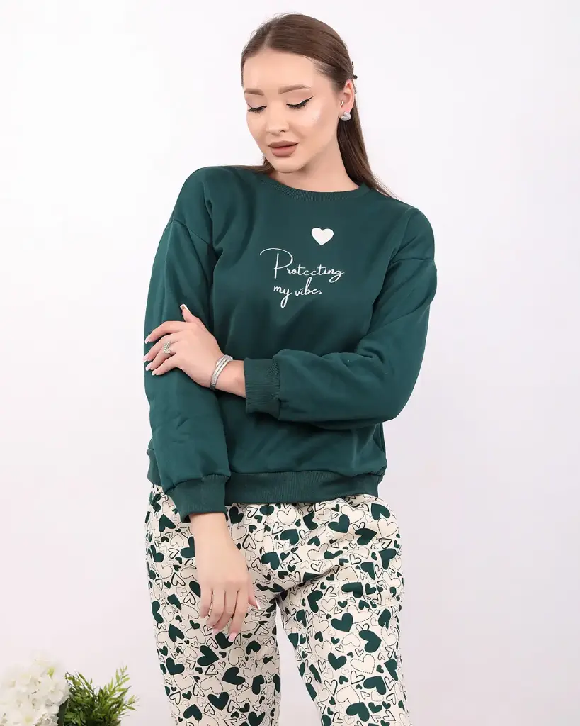 E4543 "Protecting my vibe." Embroidered Pajamas - Heart Print (M, زيتي)