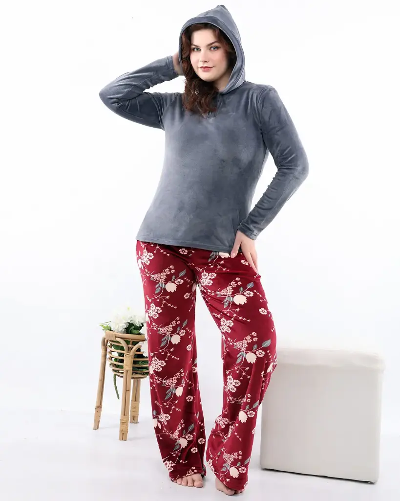 E4546 Hooded Sweatshirt Pajamas - Floral