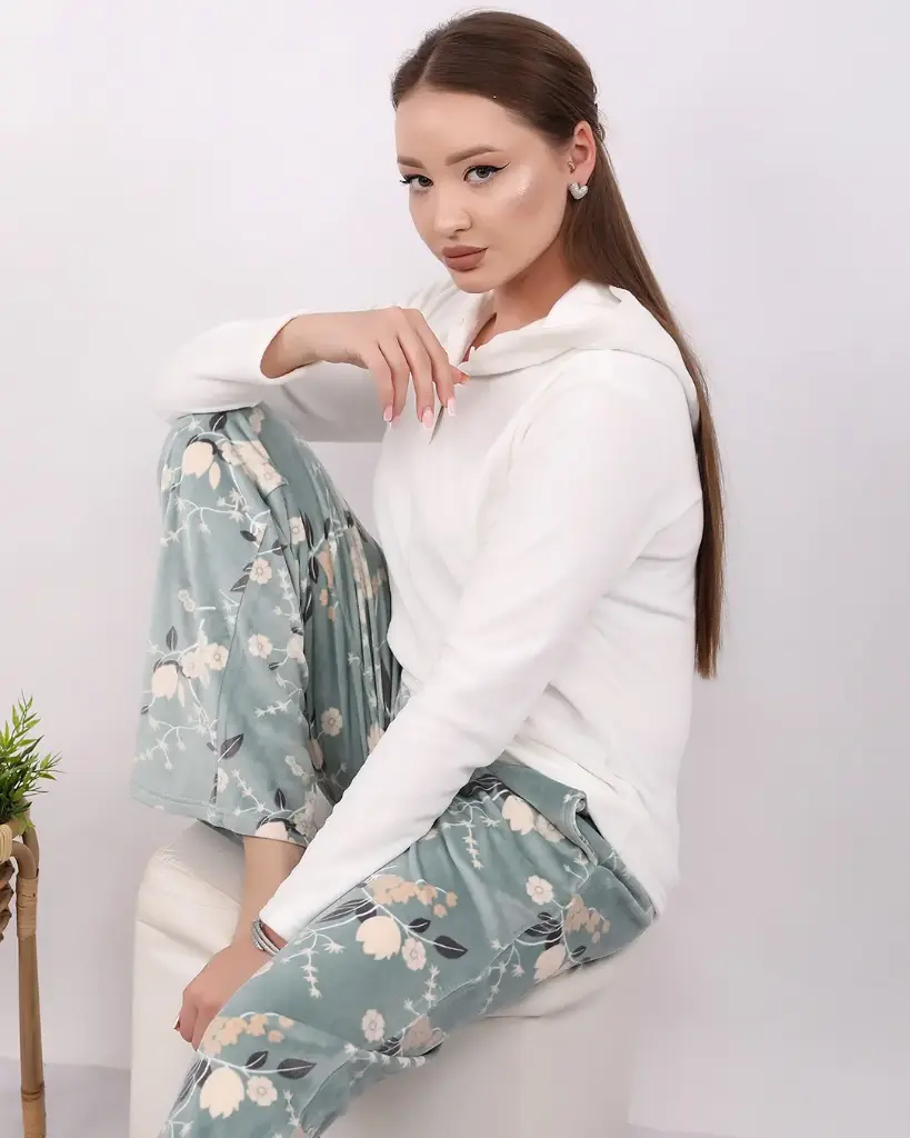 E4546 Hooded Sweatshirt Pajamas - Floral (M, اوف وايت)