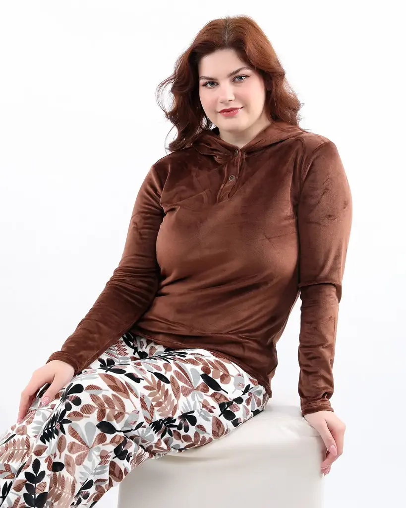 E4547 Hooded Sweatshirt Pajamas - Leaf Print (M)