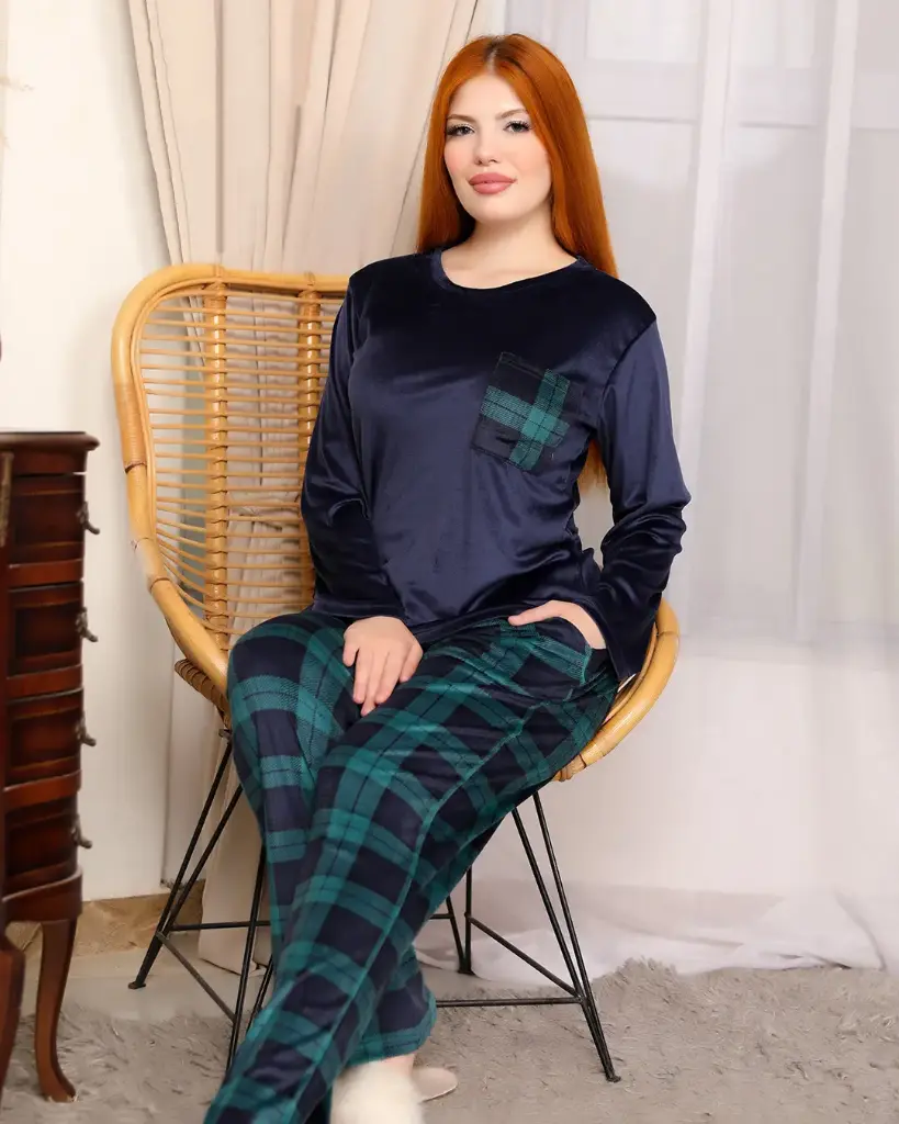 E4538 Plain Sweatshirt Pajamas - Plaid (M, كحلي)