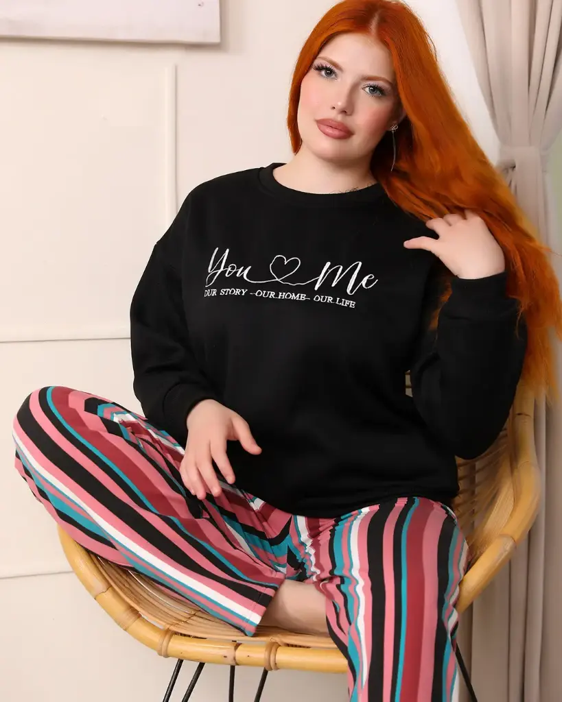 E4550 "You  ♡  Me" Sweatshirt Pajamas - Striped (M, اسود)
