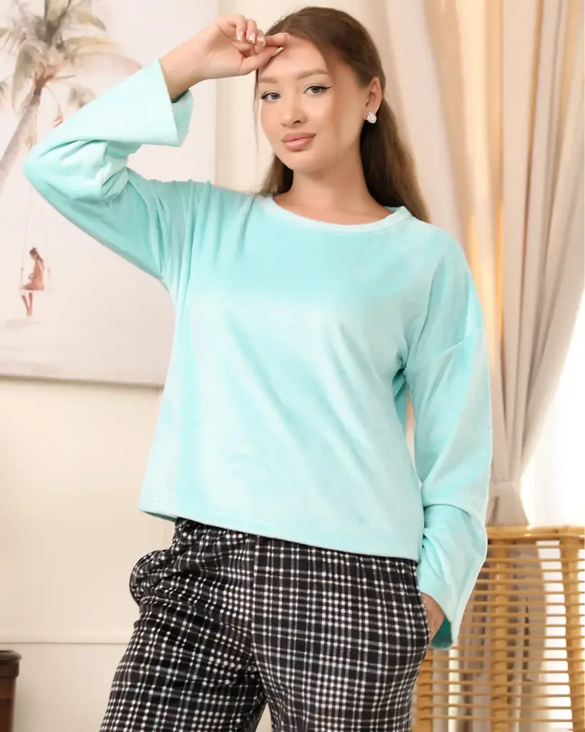 E4563 Plain Sweatshirt Pajamas - Plaid
