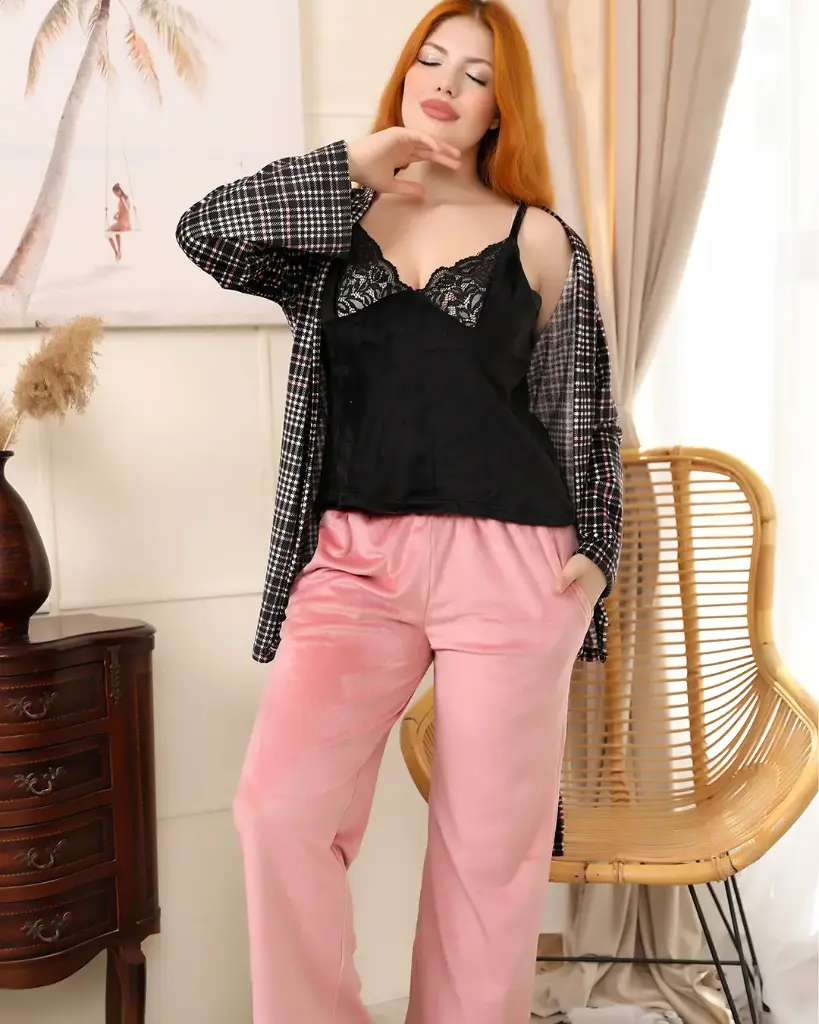 E4564 3-Piece Lounge Set - Lace & Plaid (M, كشمير)